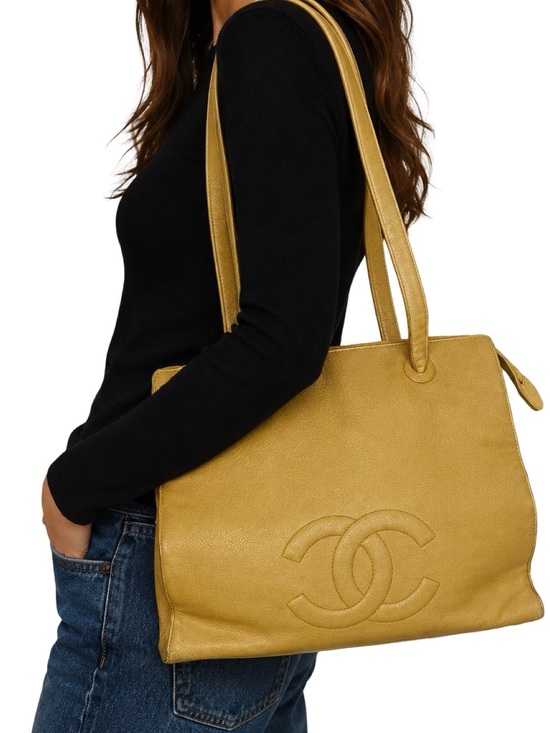 CHANEL Handbags - CHANEL CC Caviar Leather Zip Tote Shoulder Gold Beige Large